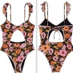 New! Victoria’s Secret Pink Floral Ruffle Cutout One Piece Swimsuit 35078